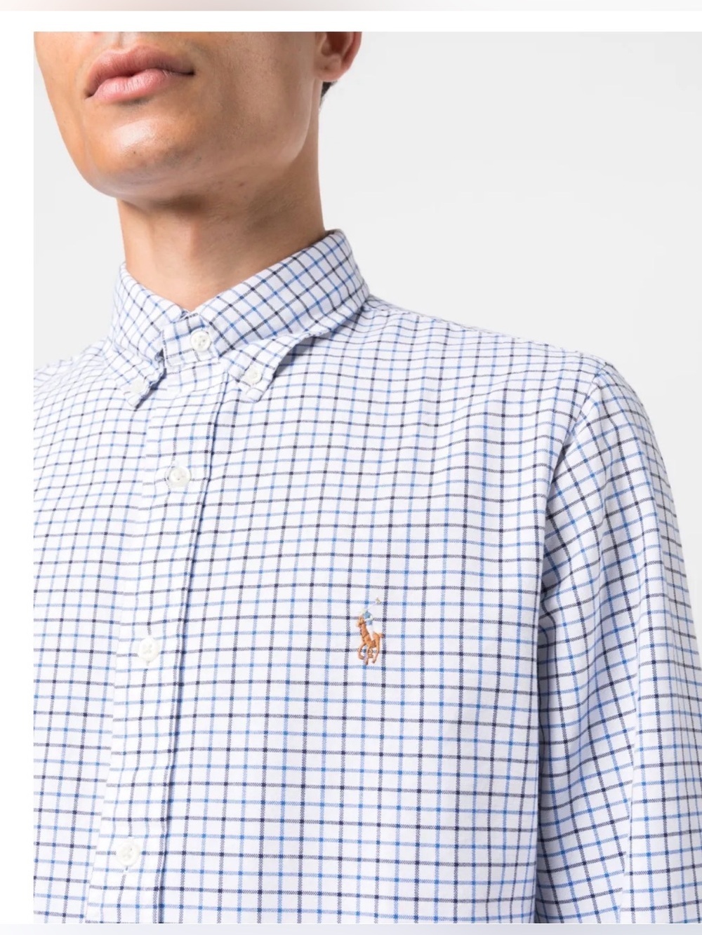 Polo Ralph Lauren White Blue Grid-Pattern Logo-Embroidered Cotton Shirt Size XL